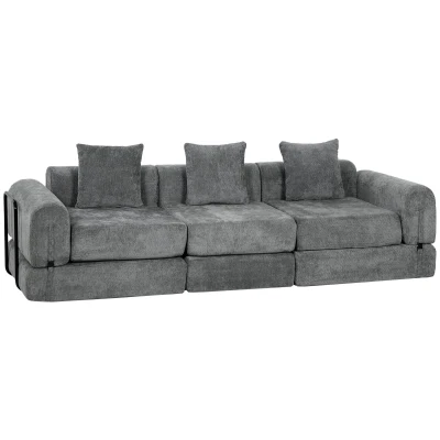 HOMCOM 96.5" Folding Sofa Bed, Convertible Boneless 3 Seater Modular Sectional Couch with Wide and Deep Seat, Grey