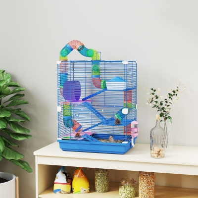 PawHut 5 Tiers Hamster Cage Portable with Exercise Wheels Play Tube Water Bottle Dishes House Ladder for Gerbils, Dark Blue