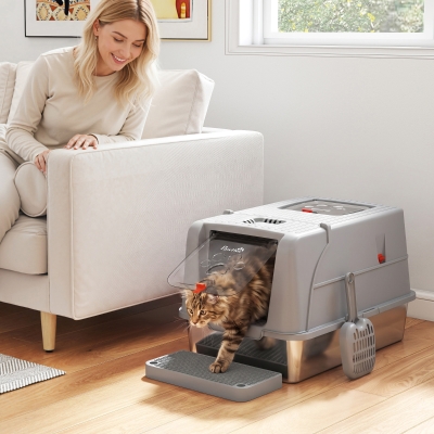 PawHut Stainless Steel Cat Litter Box with Lid, XL High Sided Enclosed Metal Litter Box w/ Scoop, Step, Pedal, Grey