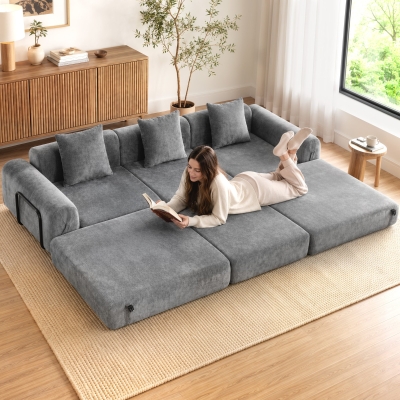 HOMCOM 96.5" Folding Sofa Bed, Convertible Boneless 3 Seater Modular Sectional Couch with Wide and Deep Seat, Grey