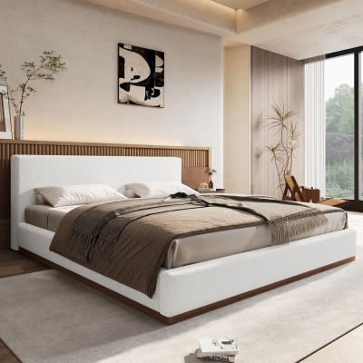 Elegant Upholstered Queen Bed Frame with Solid Wood Base Frame, Antique Fabric Platform Bed for Bedroom, 86.5'' L x 64.5'' W x 33.5'' H, Brown+White