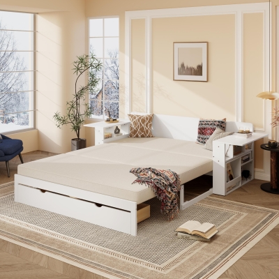 Modern Daybed with Removable Desk and Bottom Drawer, Multi-Functional Sofa Bed for Compact Apartments, 82" L x 71.5" W x 25.5" H, White