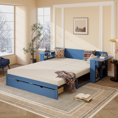 Modern Daybed with Removable Desk and Bottom Drawer, Multi-Functional Sofa Bed for Compact Apartments, 82" L x 71.5" W x 25.5" H, Blue