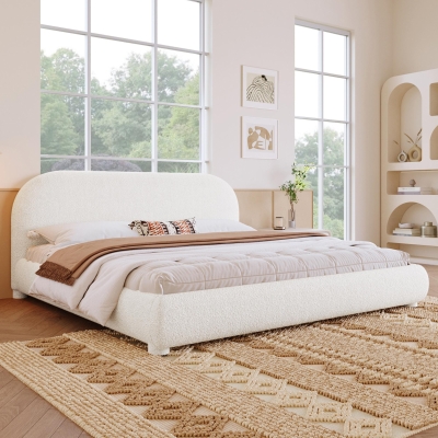 Modern Upholstered Queen Bed Frame with Curved Headboard, Soft Bouclé Platform Bed for Bedroom, 87'' L x 68.5'' W x 33.5'' H, Creamy White