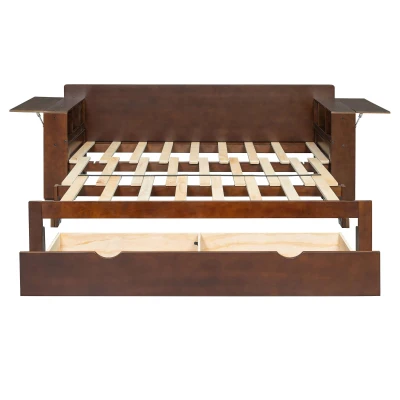 Modern Daybed with Removable Desk and Bottom Drawer, Multi-Functional Sofa Bed for Compact Apartments, 82" L x 71.5" W x 25.5" H, Espresso
