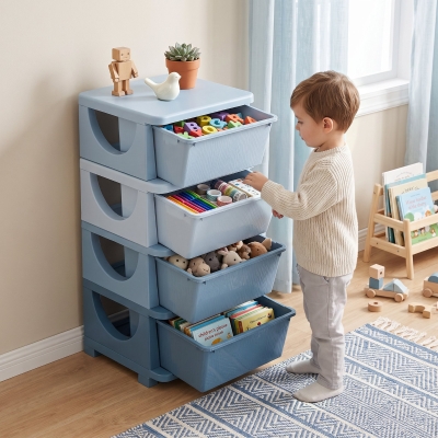 Qaba 4 Tier Kids Toy Organizer and Storage Bins with 4 Plastic Drawers, Blue
