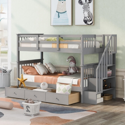 Practical Twin-Over-Twin Bunk Bed with Staircase Storage, Ideal Convertible Bunk Bed for Dorms, Children Bedrooms, 94" L x 42.5" W x 62" H, Gray
