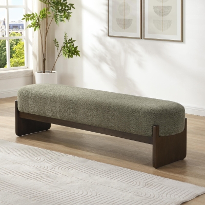 Elegant Bouclé Ottoman Bench with Dark Rubberwood Legs, Soft Rectangular Footrest for Living Room, 64'' L x 18.5'' W x 18.5'' H, Brown+Dark Green