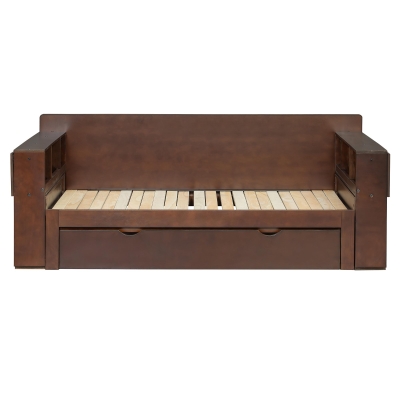 Modern Daybed with Removable Desk and Bottom Drawer, Multi-Functional Sofa Bed for Compact Apartments, 76.5" L x 65.5" W x 25.5" H, Espresso