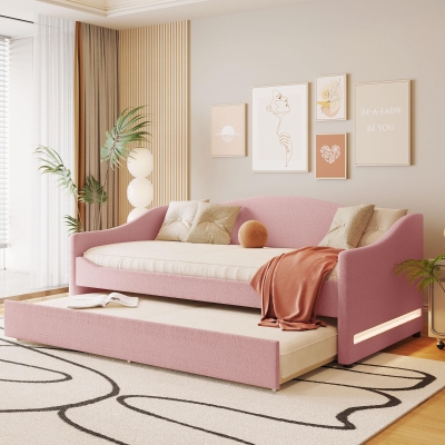 Space-Saving Upholstered Daybed with Twin Size Thurdle, Ideal Sofa Bed for Small Apartments, 79.5" L x 44" W x 33" H, Pink