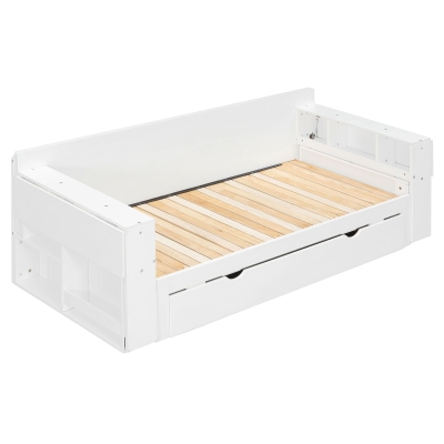Modern Daybed with Removable Desk and Bottom Drawer, Multi-Functional Sofa Bed for Compact Apartments, 82" L x 71.5" W x 25.5" H, White