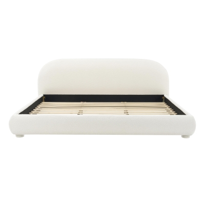 Modern Upholstered King Bed Frame with Curved Headboard, Soft Bouclé Sleeper Bed for Bedroom, 87'' L x 84.5'' W x 33.5'' H, Cream White