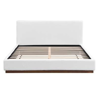 Elegant Upholstered Queen Bed Frame with Solid Wood Base Frame, Antique Fabric Platform Bed for Bedroom, 86.5'' L x 64.5'' W x 33.5'' H, Brown+White