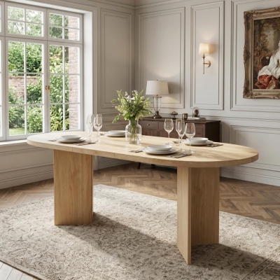 Modern Oak Oval Dining Table with Double Pedestal Base, Wood Grain Kitchen Table for Kitchen, 79'' L x 35.5'' W x 29.5'' H, Oak