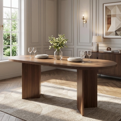 Modern Large Oval Dining Table with Double Pedestal Base, Wood Grain Kitchen Table for Kitchen, 79'' L x 35.5'' W x 29.5'' H, Walnut