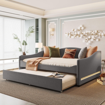 Cozy Full Size Upholstered Daybed with Twin Trundle, Ideal Sofa Bed for Overnight Guests, 79.5" L x 58.5" W x 33" H, Gray