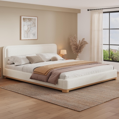 Modern Low-Profile King Bed Frame with Curved Headboard, Soft Bouclé Sleeper Bed for Bedroom, 87'' L x 81.5'' W x 40'' H, White