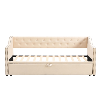 Practical Twin Upholstered Daybed with Pop-Up Trundle, Perfect Sofa Bed for Guest Rooms and Kids Rooms, 82" L x 81.5" W x 33" H, Beige