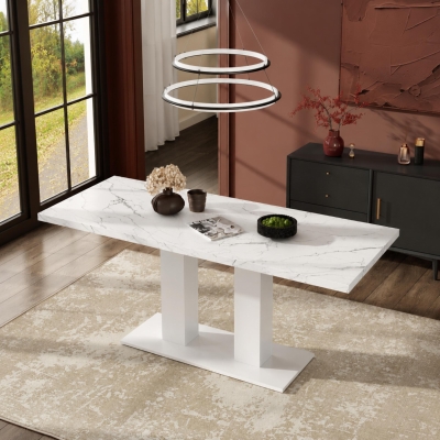 Modern Marble Effect Dining Table with Dual-Pedestal Base, Rectangular Kitchen Table for Kitchen, 71'' L x 27.5'' W x 29.5'' H, White Marble