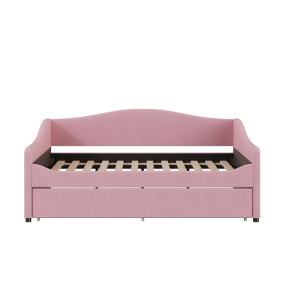 Cozy Full Size Upholstered Daybed with Twin Trundle, Ideal Sofa Bed for Overnight Guests, 79.5" L x 58.5" W x 33" H, Pink