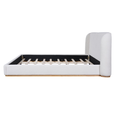 Modern Low-Profile King Bed Frame with Wingback Headboard, Soft Bouclé Sleeper Bed for Bedroom, 86'' L x 87'' W x 36.5'' H, White