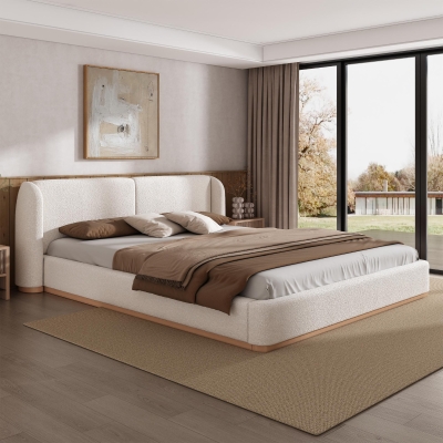 Modern Low-Profile King Bed Frame with Wingback Headboard, Soft Bouclé Sleeper Bed for Bedroom, 86'' L x 87'' W x 36.5'' H, White