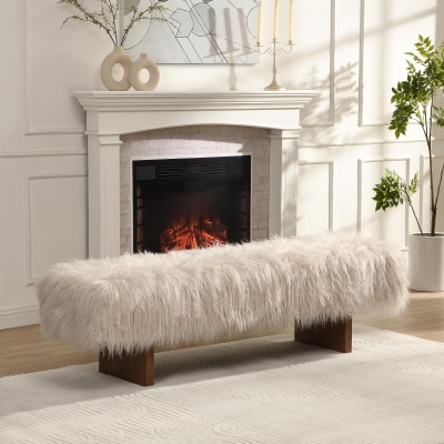 Modern Ultra-Plush Bench with Solid Rubberwood Legs, Extra-Long Accent Seat for Entryway, 67'' L x 18.5'' W x 16.5'' H, Beige+Brown