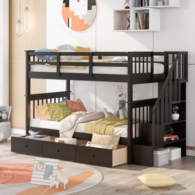 Practical Twin-Over-Twin Bunk Bed with Staircase Storage, Ideal Convertible Bunk Bed for Dorms, Children Bedrooms, 94" L x 42.5" W x 62" H, Espresso