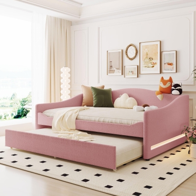 Cozy Full Size Upholstered Daybed with Twin Trundle, Ideal Sofa Bed for Overnight Guests, 79.5" L x 58.5" W x 33" H, Pink