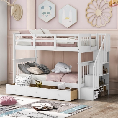 Practical Twin-Over-Twin Bunk Bed with Staircase Storage, Ideal Convertible Bunk Bed for Dorms, Children Bedrooms, 94" L x 42.5" W x 62" H, White