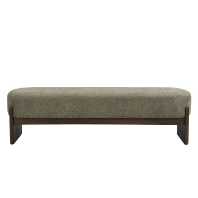 Elegant Bouclé Ottoman Bench with Dark Rubberwood Legs, Soft Rectangular Footrest for Living Room, 64'' L x 18.5'' W x 18.5'' H, Brown+Dark Green