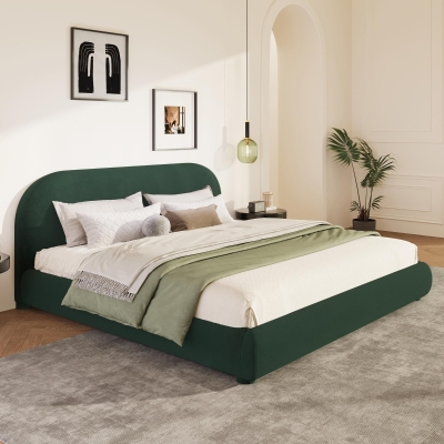 Luxury Upholstered Queen Bed Frame with Curved Headboard, Soft Velvet Sleeper Bed for Bedroom, 87'' L x 68.5'' W x 33.5'' H, Dark Green