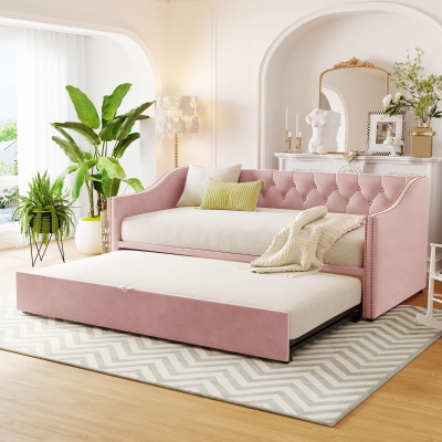 Practical Twin Upholstered Daybed with Pop-Up Trundle, Perfect Sofa Bed for Guest Rooms and Kids Rooms, 82" L x 81.5" W x 33" H, Pink