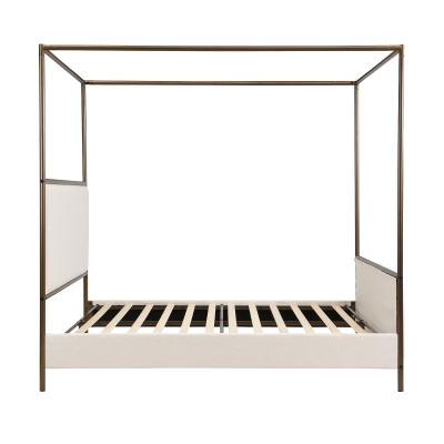 Modern 4-Poster Canopy Bed Frame with Upholstered Headboard, Steel Metal Sleeper Bed for Bedroom, 83.5'' L x 63'' W x 78.5'' H, Beige+Bronze