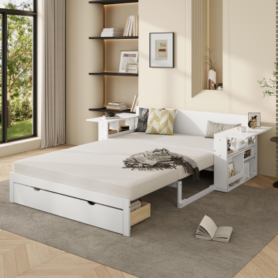 Modern Daybed with Removable Desk and Bottom Drawer, Multi-Functional Sofa Bed for Compact Apartments, 76.5" L x 65.5" W x 25.5" H, White