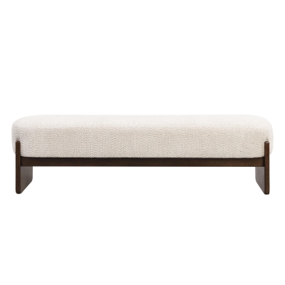 Elegant Bouclé Ottoman Bench with Dark Rubberwood Legs, Soft Rectangular Footrest for Living Room, 64'' L x 18.5'' W x 18.5'' H, Beige+Brown