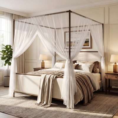 Modern 4-Poster Canopy Bed Frame with Upholstered Headboard, Steel Metal Sleeper Bed for Bedroom, 83.5'' L x 63'' W x 78.5'' H, Beige+Bronze