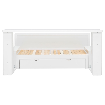Modern Daybed with Removable Desk and Bottom Drawer, Multi-Functional Sofa Bed for Compact Apartments, 76.5" L x 65.5" W x 25.5" H, White