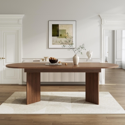 Modern Extendable Oval Dining Table with Dual-Pedestal Base, Expandable Wood Grain Kitchen Table for Kitchen, 79'' L x 35.5'' W x 29.5'' H, Walnut
