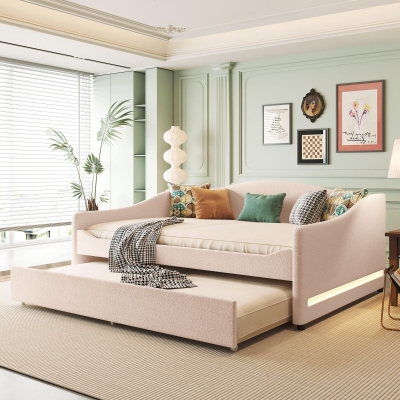 Cozy Full Size Upholstered Daybed with Twin Trundle, Ideal Sofa Bed for Overnight Guests, 79.5" L x 58.5" W x 33" H, Beige