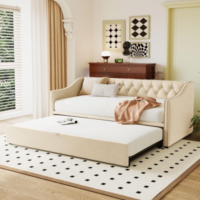 Practical Twin Upholstered Daybed with Pop-Up Trundle, Perfect Sofa Bed for Guest Rooms and Kids Rooms, 82" L x 81.5" W x 33" H, Beige