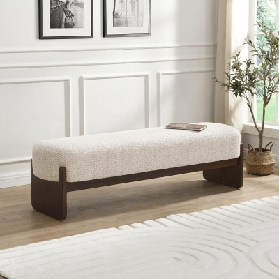 Elegant Bouclé Ottoman Bench with Dark Rubberwood Legs, Soft Rectangular Footrest for Living Room, 64'' L x 18.5'' W x 18.5'' H, Beige+Brown