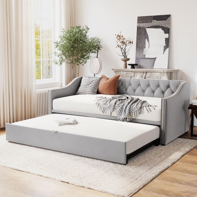 Practical Twin Upholstered Daybed with Pop-Up Trundle, Perfect Sofa Bed for Guest Rooms and Kids Rooms, 82" L x 81.5" W x 33" H, Gray