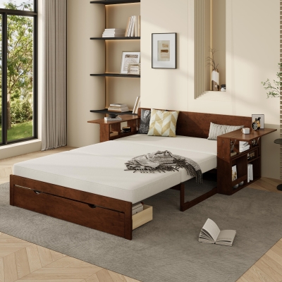 Modern Daybed with Removable Desk and Bottom Drawer, Multi-Functional Sofa Bed for Compact Apartments, 76.5" L x 65.5" W x 25.5" H, Espresso