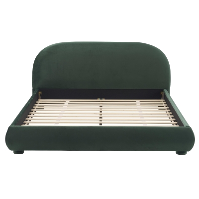 Luxury Upholstered Queen Bed Frame with Curved Headboard, Soft Velvet Sleeper Bed for Bedroom, 87'' L x 68.5'' W x 33.5'' H, Dark Green
