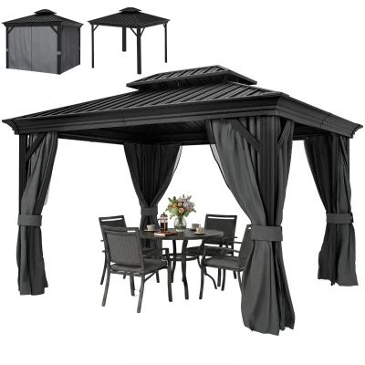 Outsunny 10' x 12' Outdoor Hardtop Gazebo with Galvanized Canopy & Netting Sidewalls for Lawn, Backyard, Dark Grey