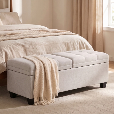 HOMCOM 51.2" Storage Ottoman Bench, End of Bed Bench with 2 Compartments, Dual Lift Lids, Cream White