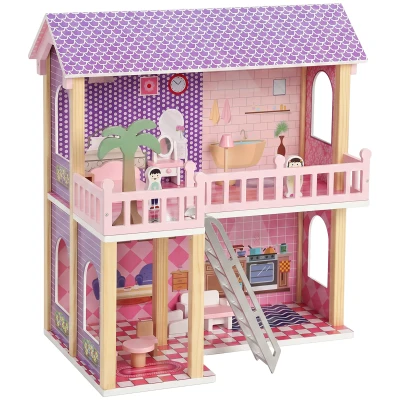Qaba Wooden Doll House for Girls with 5 Rooms, Dolls, Furniture, DIY Pretend Dollhouse Playset, Gift for Kids Ages 3-6, Pink