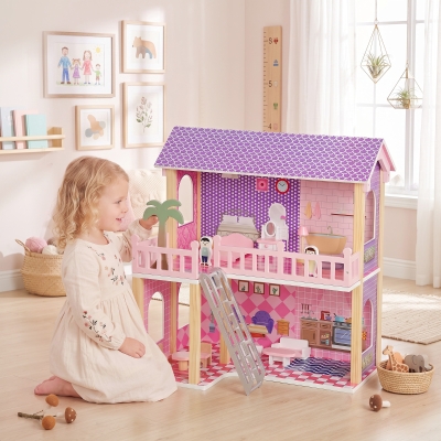 Qaba Wooden Doll House for Girls with 5 Rooms, Dolls, Furniture, DIY Pretend Dollhouse Playset, Gift for Kids Ages 3-6, Pink