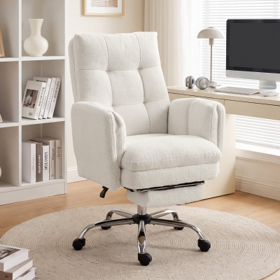 HOMCOM Office Chair, Teddy Fleece Executive Computer Desk Chair with Foldable Armrests, Wide Seat, Lumbar Support, Cream White